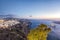 Old Town Thira on the Santorini island with famous churches during evening in Greece