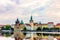 Old Town Tower and the famous walking bridge in Prague, view fro