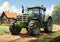 Old tractor on the countryside road. Vector illustration of a farm.