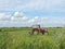 Old tractor cut grass in meadow, Lithuania