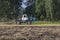 old tractor ploughs a field after harvesting of the grain