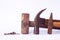 old Traditional curved claw hammer and Tack hammer and Sledge hammer and rust nail tack used on white background tool isolated