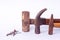 old Traditional curved claw hammer and Tack hammer and Sledge hammer and rust nail tack used on white background tool isolated