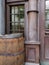 Old traditional pub / bar entrance with a brown whiskey barrel