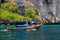 Old traditional Thai motorboat made of wood for fishing and tourists on excursions in the Andaman Sea near Phi Phi Leh island in