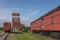 Old train cars and a grain elevator in Big Valley