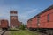 Old train cars and a grain elevator in Big Valley