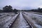Old train track at Gascones-Buitrago station with some snowflakes.