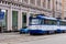 Old tram on half-empty Riga streets, traditional public transport