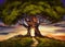 An old tree on the background of a sunset, a road leading to a wonderful, new world, a fantastic illustration, digital