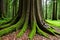 Old tree with big roots in green jungle forest.