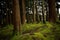 Old trees in a forest with the floor covered with moss.