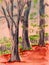 Old trees in traditional english secret garden, travel sketch, graphic color drawing