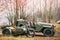 Old Tricar, Three-Wheeled Gray Motorcycle With A Sidecar Of German Forces and Willys Mb jeep, U.s. Army Truck, 4x4