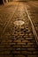 Old trolley tracks and cobblestones