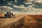 An old truck drives down a dusty dirt road, surrounded by scenic countryside, A pick-up truck on an open road in the American