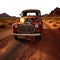 old truck. Transparent background PNG. Retro, vintage, antique car. Old red rusty truck, car in a desert highway at sunset.