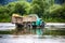 Old truck transports cargo wade across the river