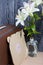 Old turntable. Several vinyl records and blossoming lilies against a background of black and white pine boards