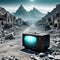 An old TV lying on the ruins of a A ruined Destroyed mountains of rubble and The concept of the