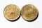 Old twenty Paise nickel brass round coins of India 1969 & 1970 with lotus flower engraved on white background.