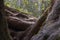 old twisted tree roots in a forest on a sunny day