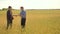 Old two farmers handshake explore are studying. man Wheat Field summer in the field wheat bread. slow motion video