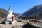 Old typical white Buddhist stupa chorten and red prayer wheel in Himalayas