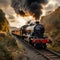 old UK locomotive steam train, moving along the railway, puffing smoke out, in the countryside, during sunrise,