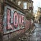 Old urban brick wall with pink graffiti street art word Love lettering.