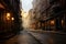 old urban city street. 1800s city street view. sunset alley.