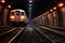 Old urban subway tunnel illuminated by the lights of an approaching train. Generative AI