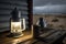 Old Used Oil Storm Lampe, Thermos Can and Cup with Hot Drink on Wooden Veranda View of stormy Baltic sea and dunes, AI Generative