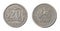 Old used twenty Polish groszy coin isolated on white background.