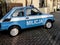 Old very popular Fiat 126p passenger car repainted to resemble a police car. In the years 1944-90 in People`s Poland