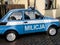 Old very popular Fiat 126p passenger car repainted to resemble a police car. In the years 1944-90 in People`s Poland