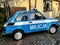 Old very popular Fiat 126p passenger car repainted to resemble a police car. In the years 1944-90 in People`s Poland