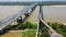 Old Vicksburg Bridge or Mississippi River Bridge with freight train crossing all-steel railroad truss river, a cantilever bridge