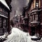 Old Victorian street in snowfall oil painting