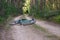 An old vintage bike lies on a sandy forest path