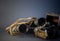 Old vintage Binoculars with treasure. Black background. Close up.