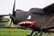 Old vintage black biplane with painted shark on it at the Old Car Land Festival