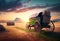 Old vintage carriage with hay stacks in green shiny field with beautiful sunset. Generative ai
