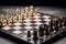 Old vintage chess pieces on wooden chessboard. Board strategy game. Teamwork, success business, intelligence sport