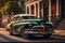 Old vintage classic Americana car in the street parked in the street, Generative AI
