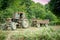 Old vintage Farmer drives tractor in nature