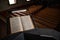 Old Vintage German Bible on Pulpit in European Medieval Church Close up Blurred Background and Copy Space.