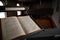 Old Vintage German Bible on Pulpit in European Medieval Church Close up Blurred Background and Copy Space.