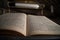 Old Vintage German Bible on Pulpit in European Medieval Church Close up Blurred Background and Copy Space.