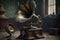 An old vintage gramophone in steampunk style stands in an almost empty room, some light falls through the window. Created with